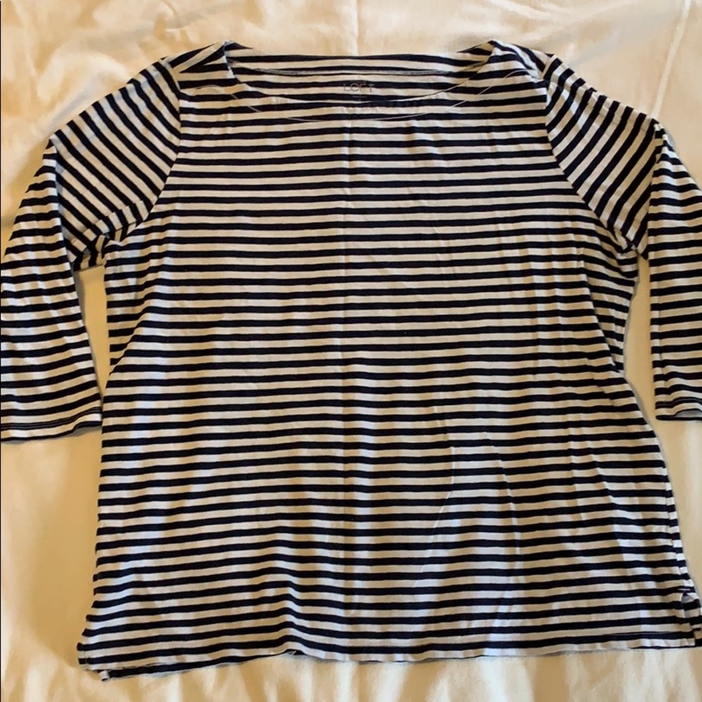 Navy and white stripe boat neck shirt